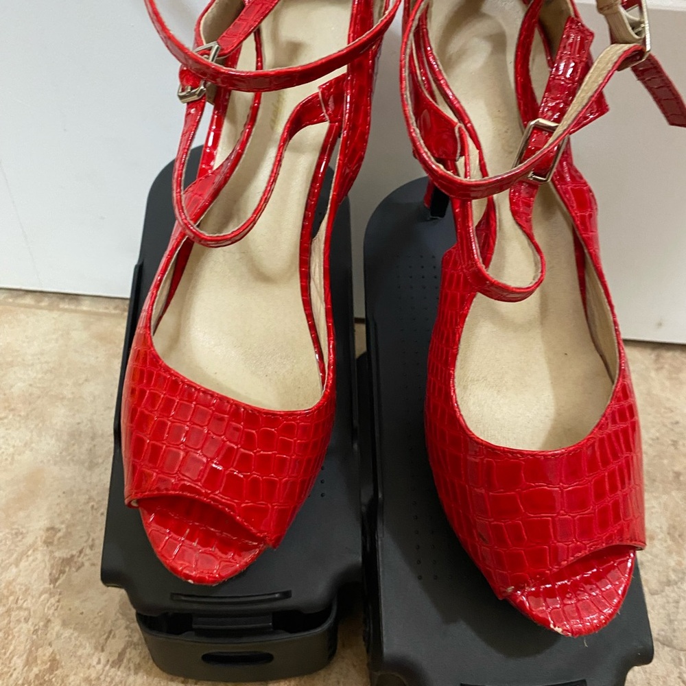 Vibrant Red Textured Heels with Ankle Laces
